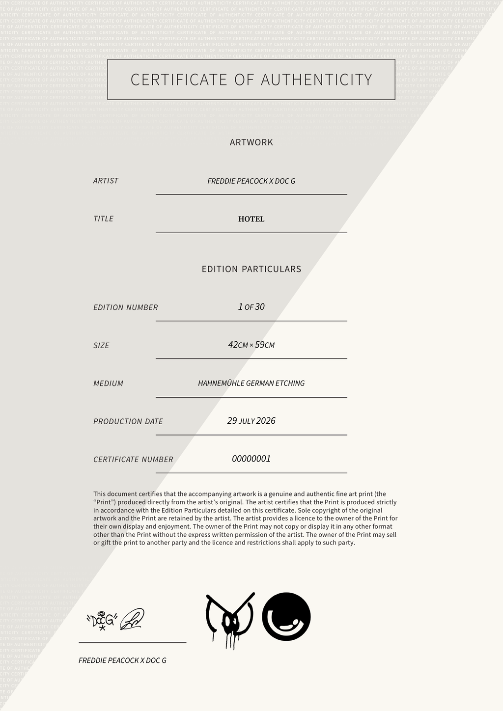 HOTEL — Certificate of Authenticity
